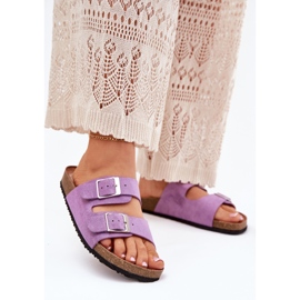 Damenflip Flops auf der Korkplattform lila Schnallen
