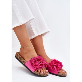 Frauenflip flops auf einer Korksohle mit Fuchsia -Blumen rosa
