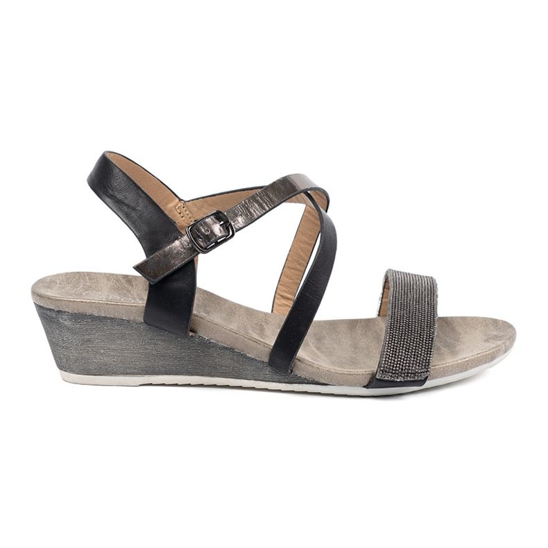 Shelvt Schwarze Keilsandalen mit einem dekorierten Riemen