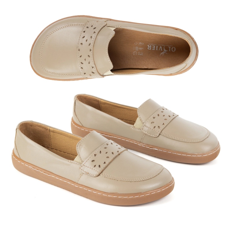Olivier Barfuß -Inga -Slipper für Frauen mit einem breiten vorderen polnischen dunklen Beige