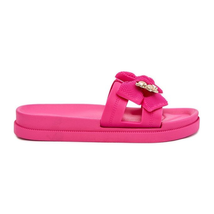 Damenflip flops mit einem Bogen und einer goldenen Brosche Fuchsia rosa
