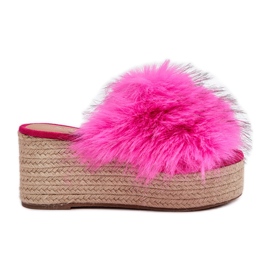 Damenflip flops mit Keil mit Fell und Geflecht Fuchsia rosa