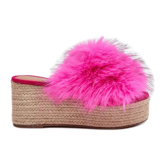 Damenflip flops mit Keil mit Fell und Geflecht Fuchsia rosa