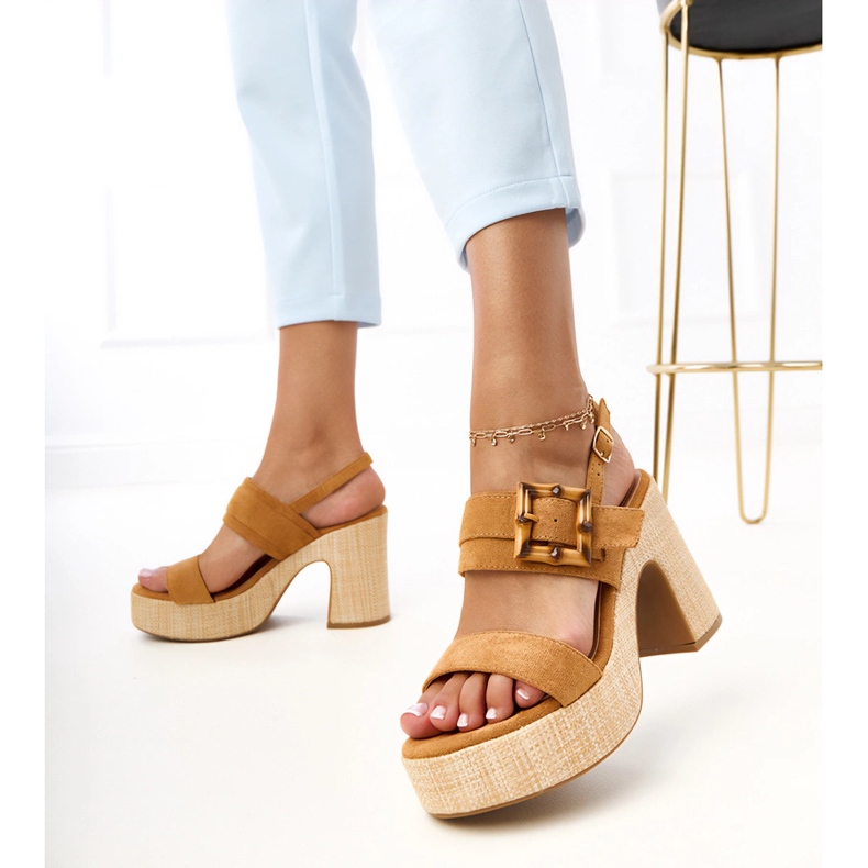 Braune Sandalen auf dem mit Elevira -Klemme dekorierten Pfosten