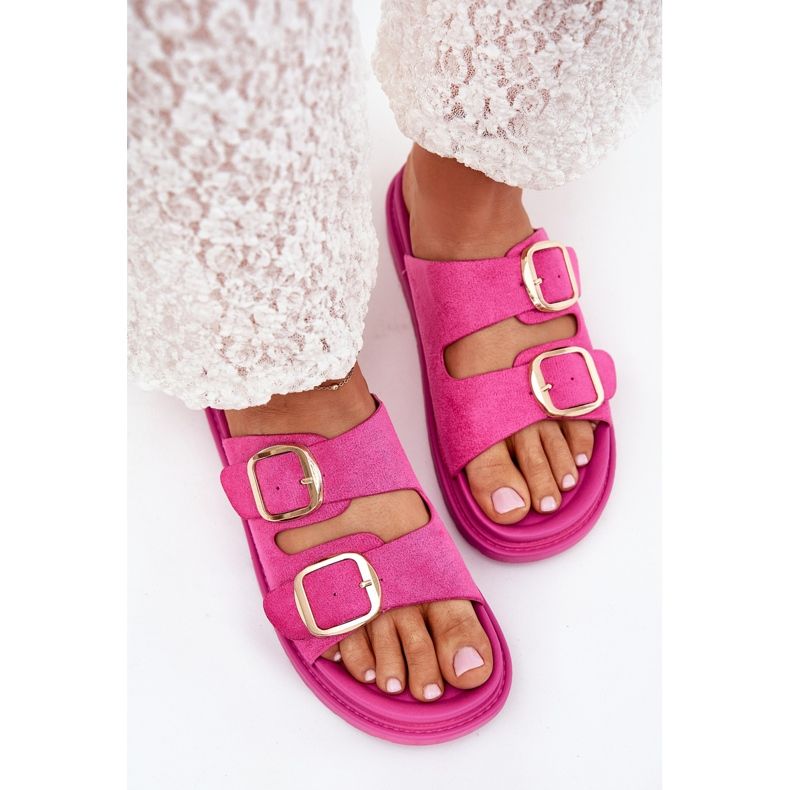 Boto Damenflip flops auf der Plattform mit goldenen Schnallen Fuchsia Verena rosa