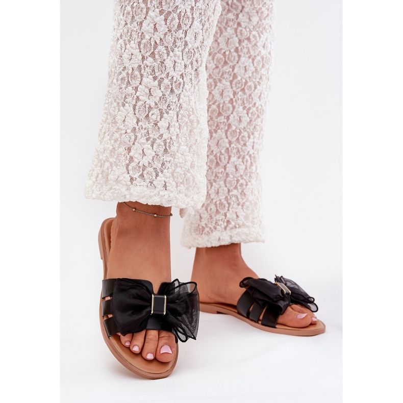 Boto Flach -gekräuselte Frauenflip -Flops mit einem Tüll -Bogenschwarzen Tanira