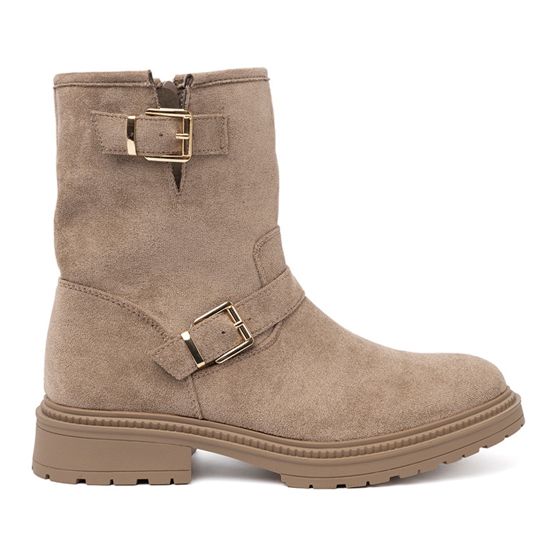 Shelvt Beige Wildlederstiefel mit dekorativen Schnallen