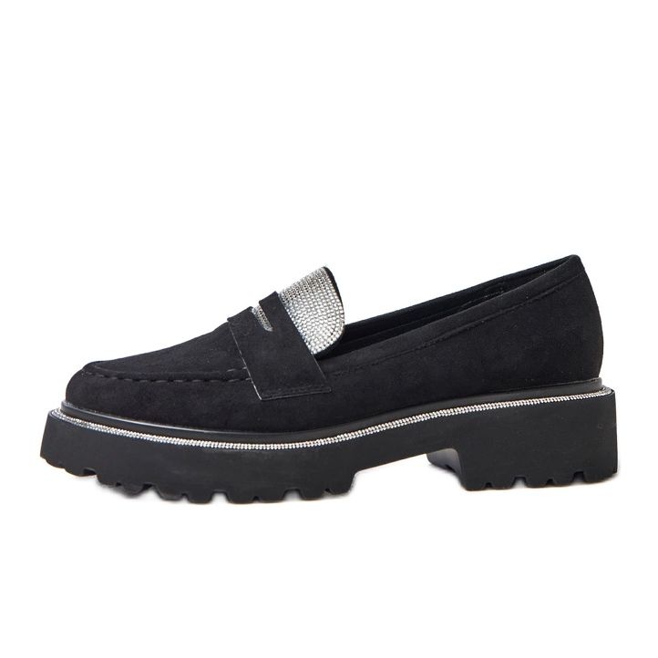 Schwarze Ekozamszu -Mokassins, die mit Kubikzirkonia Klouren dekoriert sind