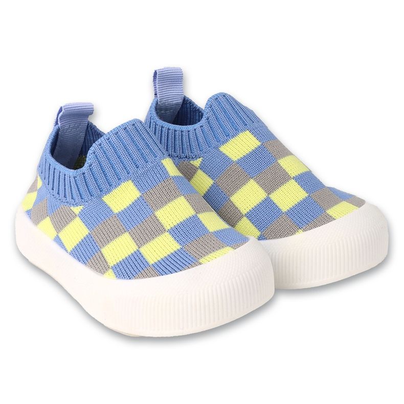Befado blaue Babyschuhe mit gelb-grauem Karomuster 002P063