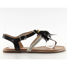 Sandalen mit Boho SL76 schwarzen Federn