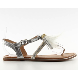 Sandalen mit Boho SL76 Silberfedern grau