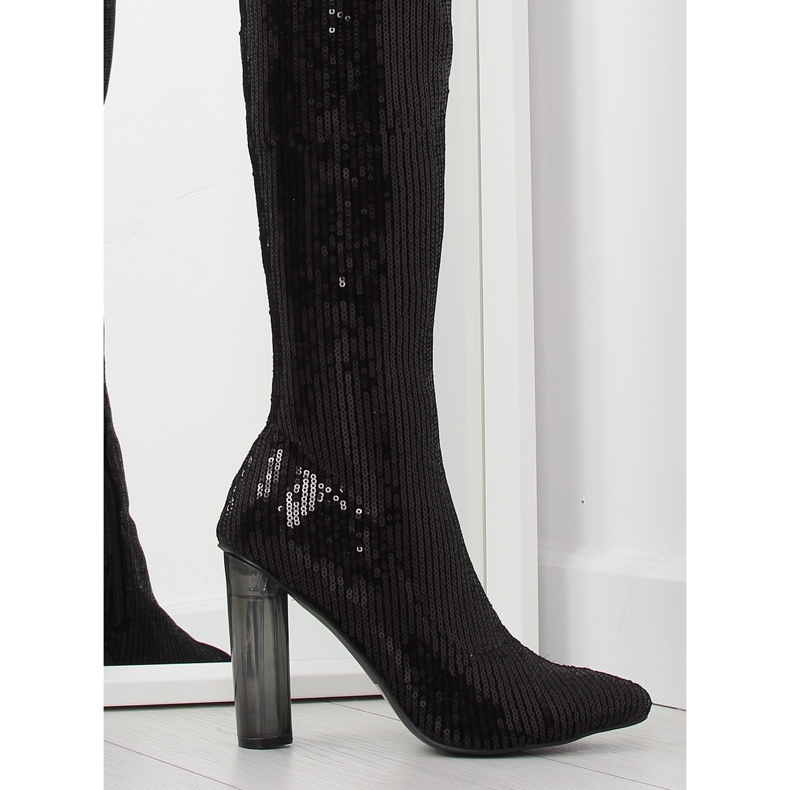 Overknee-Stiefel mit schwarzen Pailletten AE55P schwarz