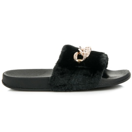 Queen Vivi Schwarze Hausschuhe mit Fell