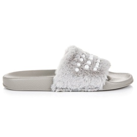 Hausschuhe mit Fell und Perlen grau