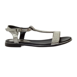 M.Daszyński Flache Sandalen mit Strasssteinen MR1583 grau
