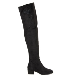 Overknee-Stiefel aus Wildleder mit Stickerei schwarz