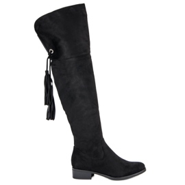 Forever Folie Schwarze, oberschenkelhohe Stiefel mit flachen Absätzen