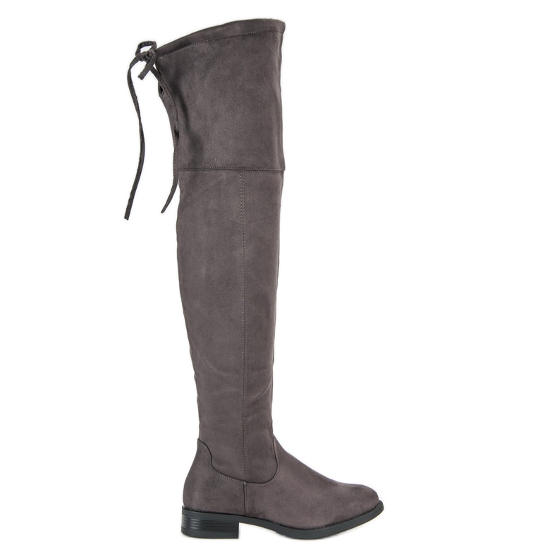 Graue Oberschenkelstiefel auf flachem Absatz