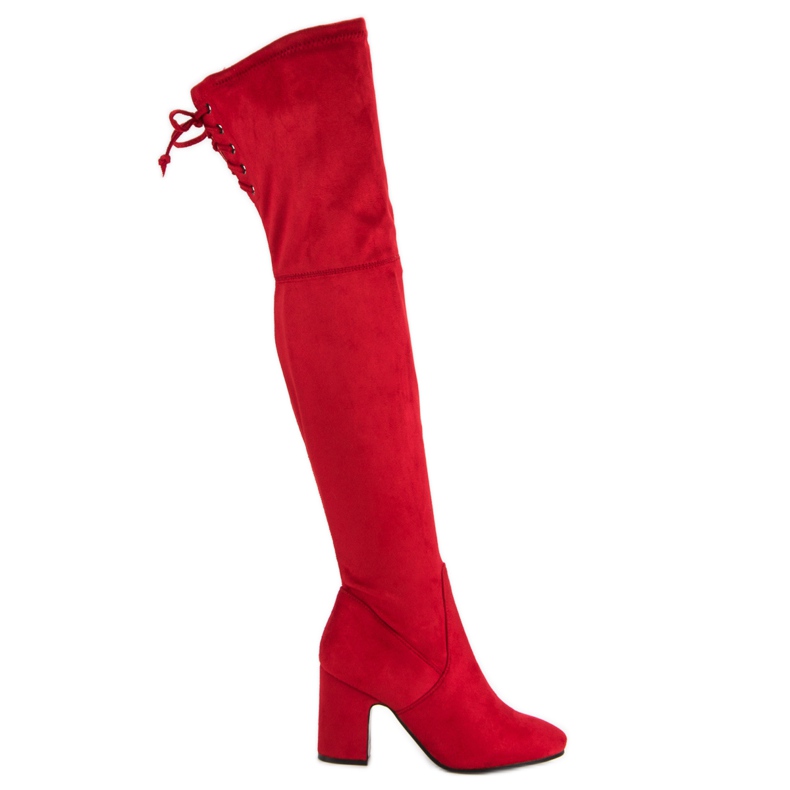 Super Me Rote oberschenkelhohe Stiefel an einem Pfosten