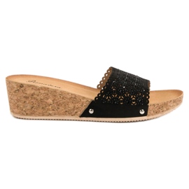 Primavera Hausschuhe auf einem Korkkeil schwarz