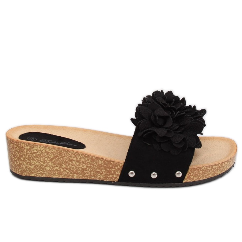 Schwarz S63 Schwarze Hausschuhe mit Blumen