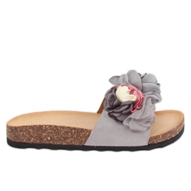 Graue Hausschuhe mit Blumen 218-170 Grau lila
