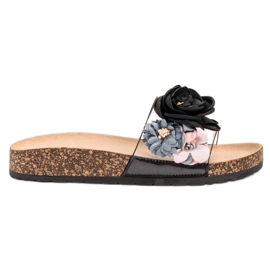 Super Me Hausschuhe mit Blumen schwarz mehrfarbig