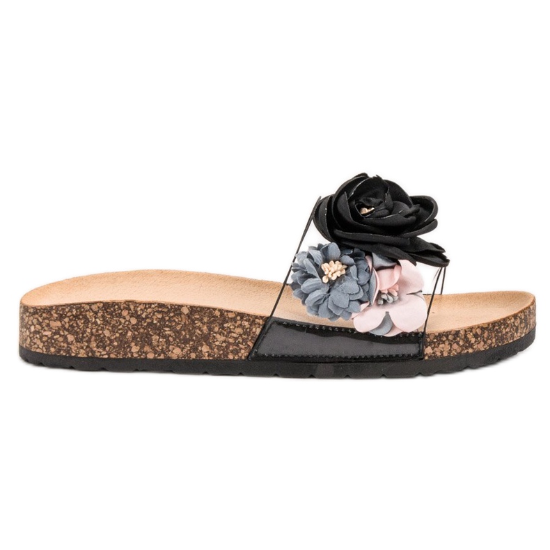 Super Me Hausschuhe mit Blumen schwarz mehrfarbig