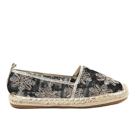 Schwarze, durchbrochene Espadrilles mit Blumen 68-118