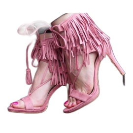 Sandalen auf hohem Absatz mit Fransen Boho 8125 Pink rosa