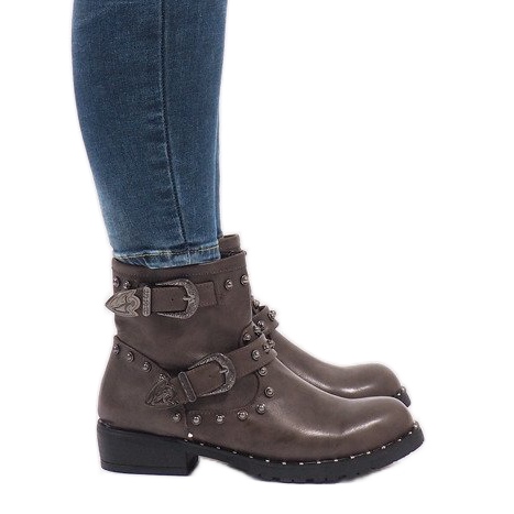 Khaki Stiefel mit Schnallen und Pailletten A8018 mehrfarbig grün
