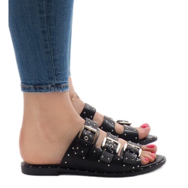 Schwarze Hausschuhe mit Nieten und Schnalle F-3659