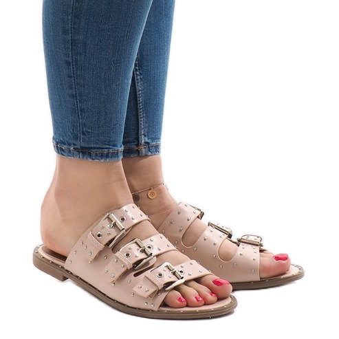 Rosa Hausschuhe mit Nieten und Schnalle F-3659