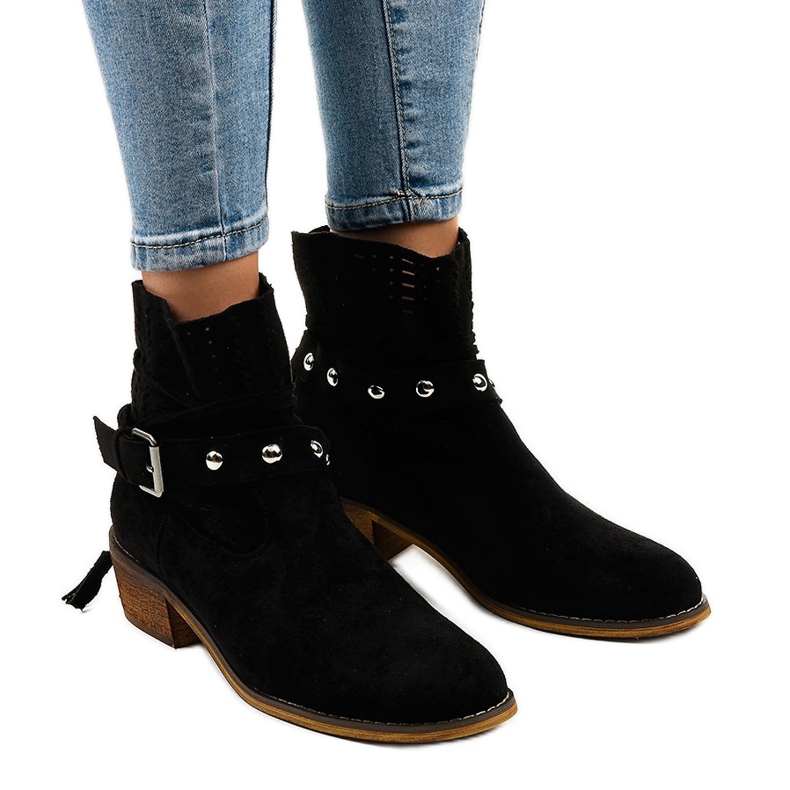 Schwarze, durchbrochene Slip-On-Stiefel aus Wildleder LS-730