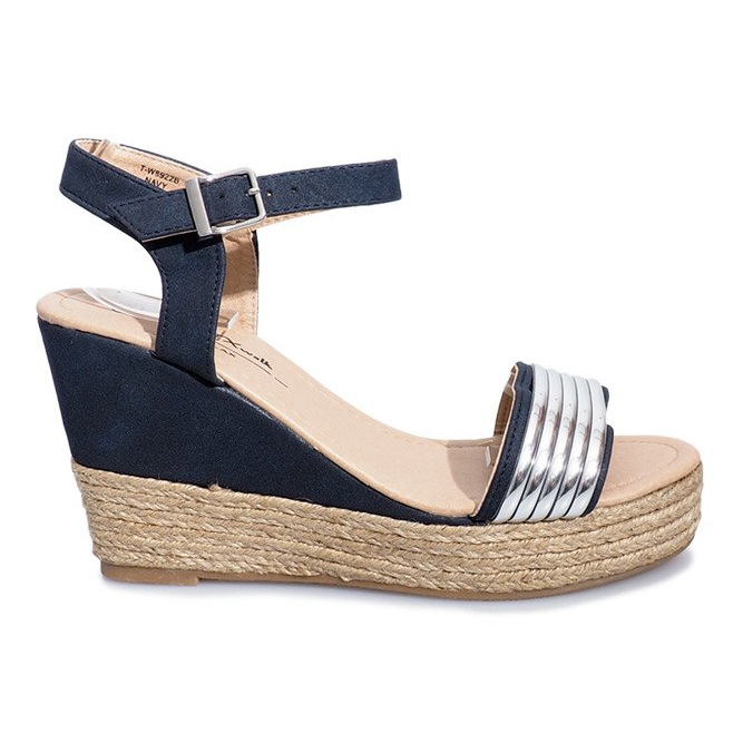 Schwarze Sandalen auf einem zarten Glam Shine Keilabsatz navy blau