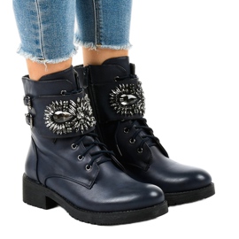 Marineblaue Damenstiefel mit Schnalle und Diamanten 0-251