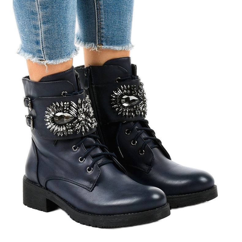 Marineblaue Damenstiefel mit Schnalle und Diamanten 0-251 navy blau