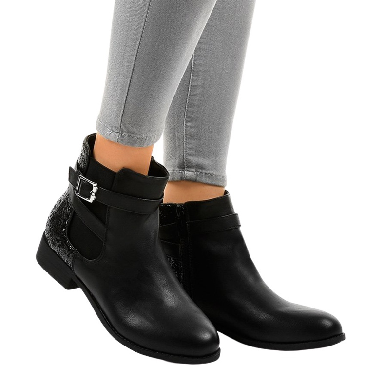 Schwarze flache Stiefeletten mit Gummizug und Pailletten C298-1