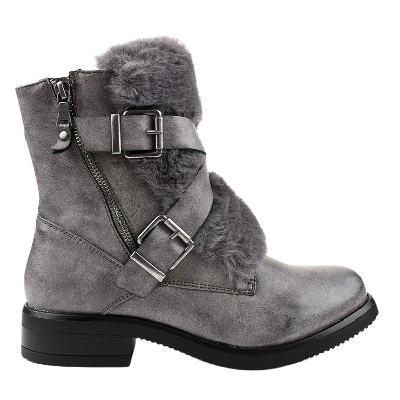 Graue flache Stiefel mit Fell 1061A-PA