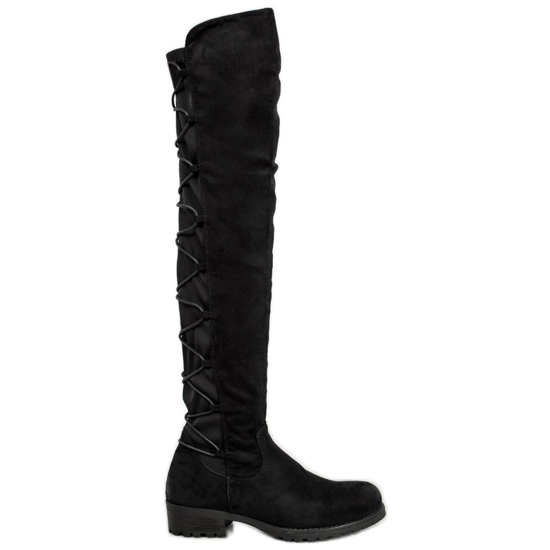 Forever Folie Oberschenkelhohe Stiefel aus Wildleder mit Einfassung schwarz