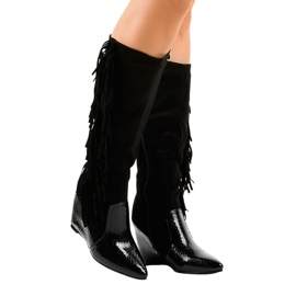 Damen Wildleder Keilstiefel T81 schwarz