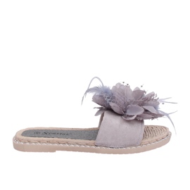 Grau Damen Hausschuhe grau mit Federn CK131P Grau lila