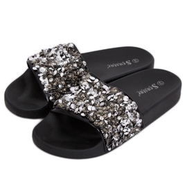 Damenhausschuhe mit Steinen schwarz CK106P Black grau