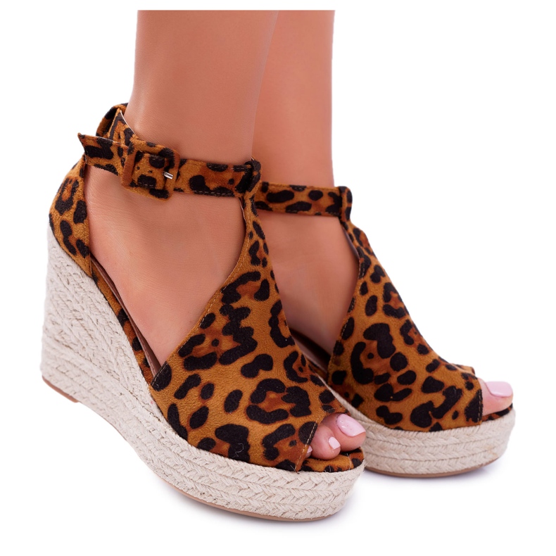 NFR Damen Sandalen mit Keilabsatz Plateau Leopard Begest braun