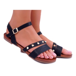 S.Barski Damen Sandalen Flat Gold Studs Black Raven schwarz