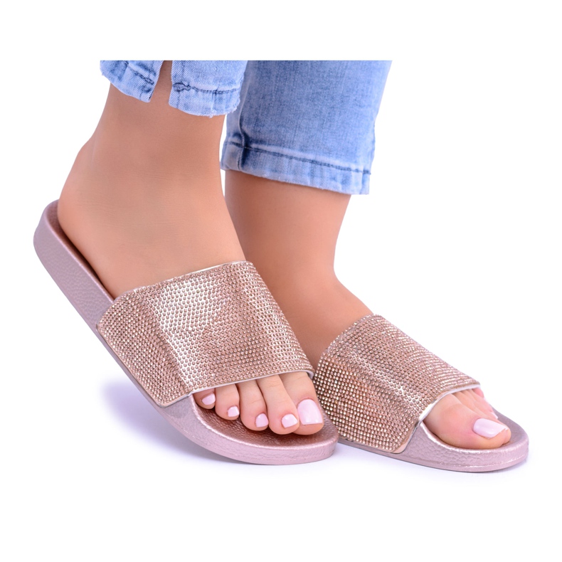 LU BOO Damen Hausschuhe mit Zirkonia LadyCristal Rose Gold rosa gelb