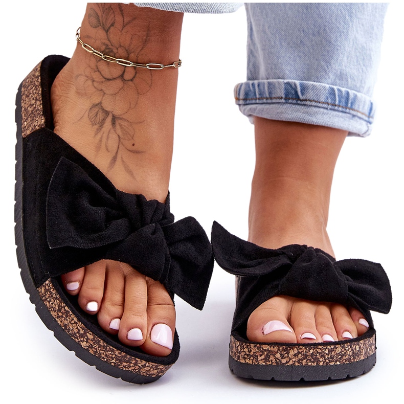 PS1 Schwarze Hausschuhe für Damen mit Korkschleife Wendy