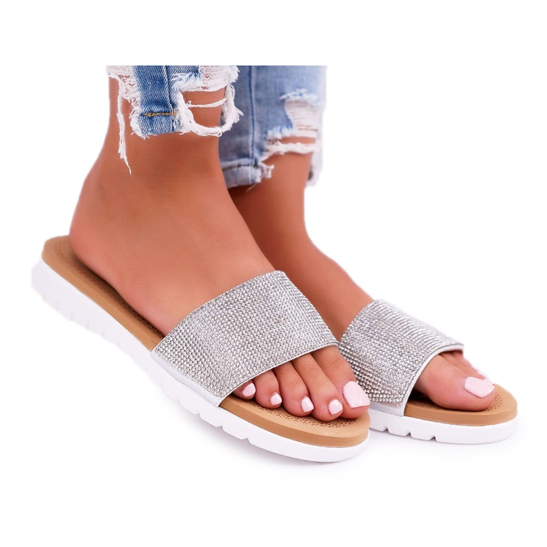 Lu Boo Damen Pantoffeln Silber mit Pailletten Goodies grau