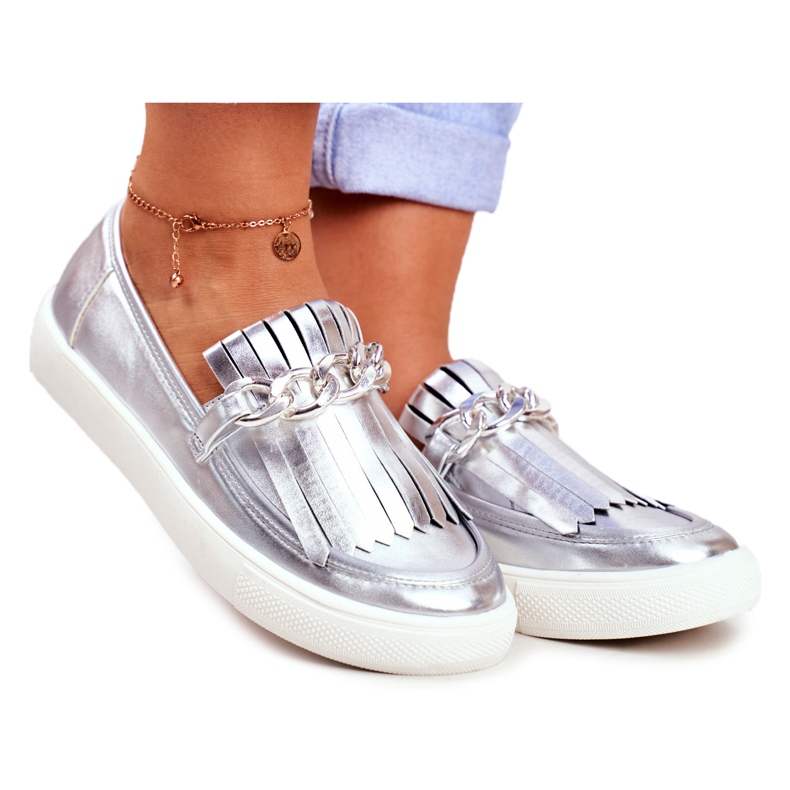 Damen Sneaker Slip On Lu Boo verspiegelte Loafer mit Nefrette-Fransen grau