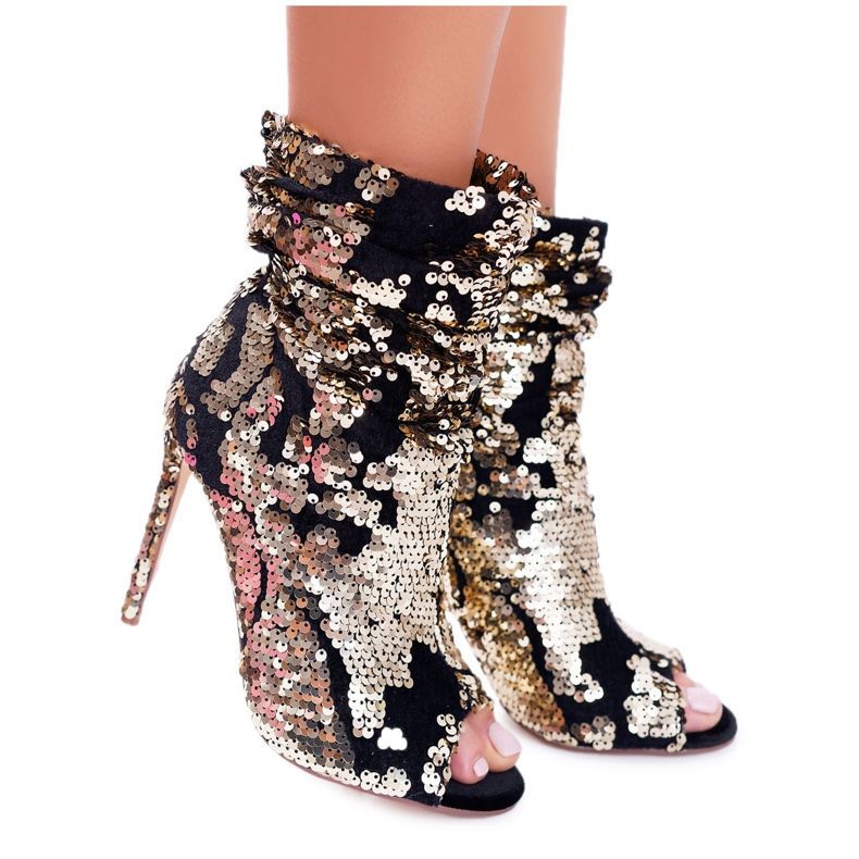 LU BOO Damenstiefel mit hohem Absatz Elegante Pailletten Golden Harley schwarz gelb